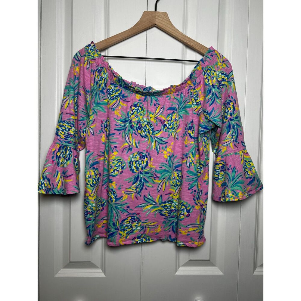 Stella Parker Collection Pink Pineapple Off Shoulder Bell Sleeve Top Size M
